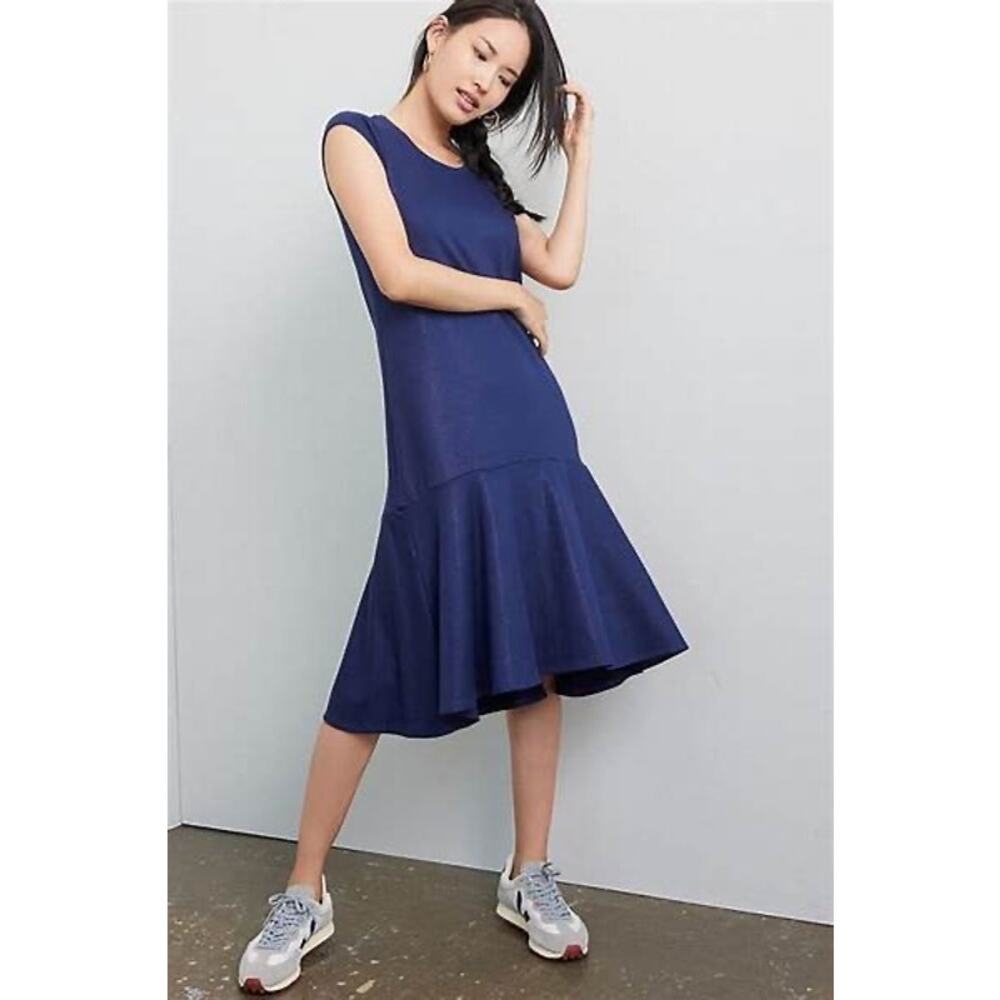 Maeve Anthropologie Ismene Navy Blue Metallic Cap Sleeve Drop Waist Midi Dress L